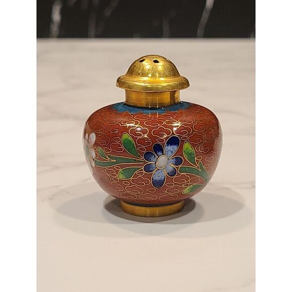 Cloisonné Open Salt Bowl Cellar Pepper Shaker Flower Enamel Brass Stacking PINK - Picture 5 of 10